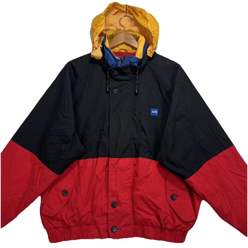 VTG EDS Swingste Colorblock Windbreaker Jacket Mens XL Black Red Yellow Hooded